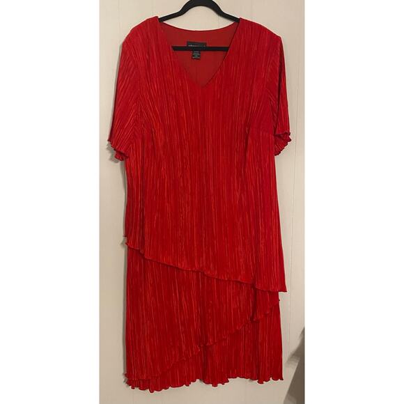 Candy Red Drop‎ Waist Short Sleeve Layered Crinkle Fabric V-Neck Midi Dress 24W - Picture 1 of 8